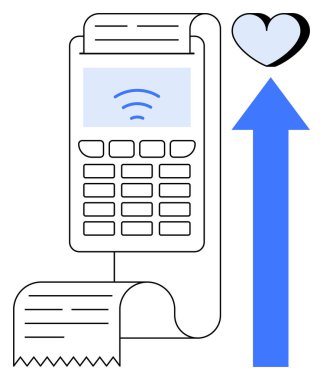 Faturalı, kalp ikonlu ve yukarı doğru oklu temassız ödeme terminali. Finans, teknoloji, perakende, müşteri sadakati, e-ticaret bağışı için ideal. Basit düz metafor