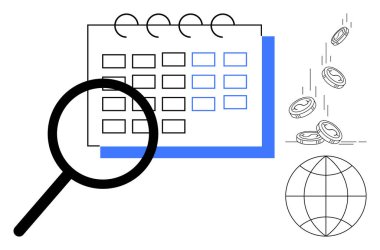 Takvim üzerindeki büyüteç, bozuk paraların düşmesi, küresel finans, zamanlama ve analizi simgeliyor. İş planlaması, zaman yönetimi, finans, yatırım küresel ticaret araştırması için ideal