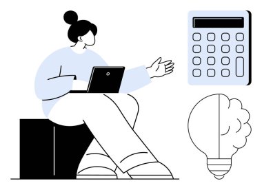 Tableti tutan kişi, hesap makinesi ve ampule doğru hareket ediyor. Eğitim, iş stratejisi, yenilik, teknoloji, problem çözme, finans eğitimi için idealdir. Basit düz metafor