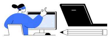 Bilgisayarı bir eli havada, dizüstü bilgisayarı ve kalemi bitişik olarak kullanan kişi. Temalar için ideal teknoloji, üretkenlik, yaratıcılık, dijital öğrenme, yenilik, takım çalışması, proje yönetimi