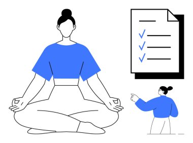 Nilüfer çiçeği pozunda meditasyon yapan bir kadın, görevlerini tamamlamış bir liste, ve ileriyi gösteren ayakta duran bir figür. Farkındalık, üretkenlik, odaklanma, iş hayatı dengesi, stres yönetimi, planlama için ideal