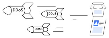 DDoS saldırı konsepti. Kullanıcı profillerini ve veri kaplarını hedef alan DDoS sembolleri. DDoS kesintileri siber güvenlik tehditleri ve veri ihlallerini gösteriyor. Bilişim, ağ güvenliği ve siber risk için