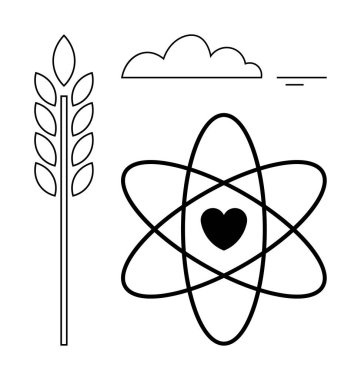 Sürdürülebilir tarım kavramı. Atomik kalp sembolü buğday ve bulut elementleriyle birleşince çevre dostu tarım için. Bilim, gıda ve çevreyi birleştiren sürdürülebilir tarım. İdeal