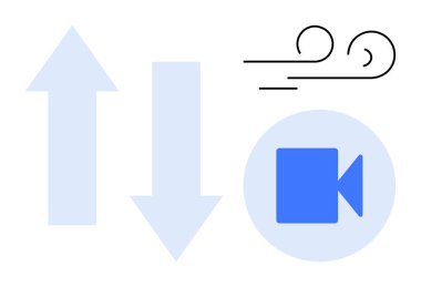 Yukarı ve aşağı oklar, rüzgar kıvrımları, minimalist tarzda video kamera ikonu. Yön, hareket, hava durumu, video kaydı, seyrüsefer veya dijital bağlantı kavramları için ideal. Basit düz