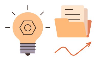 Yenilikçi fikirler için ampul, organizasyon için kağıtları olan klasör ve büyüme için yukarı doğru ok. Üretkenlik, yenilik, strateji, başarı, ilerleme planı için idealdir. Basit düz