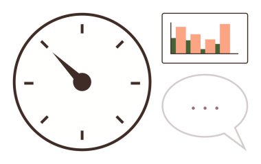 10 'da kısa kollu analog saat, turuncu-yeşil çubuklu bar tablosu, üç noktalı konuşma balonu. Üretkenlik, zaman izleme, takım çalışması, teslim tarihleri, iletişim ve analitik toplantı için ideal