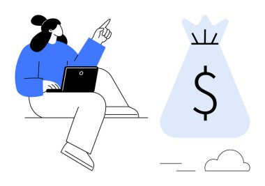 Dizüstü bilgisayarda çalışan bir kadın dolar işaretli büyük para çantasını işaret ediyor. Kavramsal temalar arasında mali planlama, dijital ekonomi, çevrimiçi gelir, iş başarısı ve yatırımlar yer alıyor. İdeal