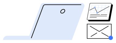 Analitik analizleri, e-posta bildirimlerini ve üretkenliği temsil eden bir belge ve zarfla birlikte bir dizüstü bilgisayar aç. İş, iş akışı, iletişim, yönetim, analiz, dijital araçlar için ideal
