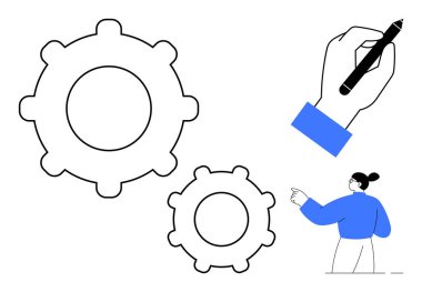 İki vites, yaratıcılığı temsil eden kalem, yönü sembolize eden kadın, takım çalışması, yenilik. Takım çalışması, problem çözme, yenilik, motivasyon tasarım işbirliği için ideal