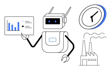 Endüstriyel otomasyonu, zaman yönetimini, optimizasyonu, yapay zeka entegrasyonunu, teknolojiyi, üretkenliği ve yenilik verimliliğini temsil eden veri analizlerini elinde tutan robot. Basit.