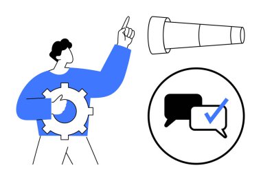 Elinde teleskopa doğru hareket eden bir vites ve üzerinde kontrol işareti olan konuşma baloncukları tutan biri. Problem çözme, işbirliği, vizyon, takım çalışması, liderlik, planlama ve iletişim için ideal. Modern