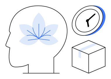 Büyümeyi simgeleyen bir çiçekli insan profili, zaman yönetimi için saat ve organizasyon için paket. Farkındalık, üretkenlik, akıl sağlığı, denge, odaklanma, basit bir daire planlama için ideal