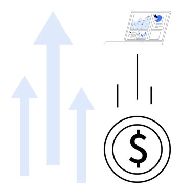 Analitik grafikleri gösteren dizüstü bilgisayar, ilerlemeyi simgeleyen yukarı doğru oklar ve parasal başarıyı temsil eden bir dolar. Finans, yatırım, stratejiler, iş büyümesi, gelir ve başarı için ideal