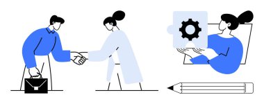 Profesyoneller el sıkışıyor, bulmaca parçasını teçhizatla birleştiriyor. Kalem yaratıcılığı simgeler. Takım çalışması, ortaklık, problem çözme, yenilik, iş dünyası, işbirliği iletişimi için ideal