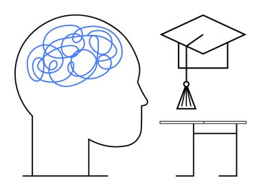 Kafa hatları karışık, mezuniyet şapkası ve asgari masa. Eğitim, akıl sağlığı, kendini geliştirme, öğrenme, üretkenliğe odaklanmak için ideal. Basit düz metafor