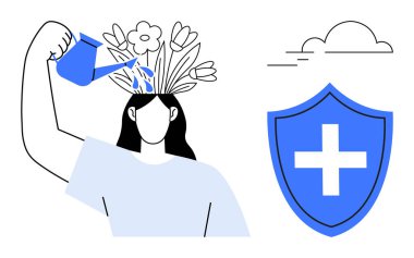 Kafasından büyüyen çiçekleri sulayan kadın zihinsel gelişimi ve refahı temsil ediyor. Üzerinde haç olan mavi kalkan koruma öneriyor. Sağlık, öz bakım, akıl sağlığı, büyüme ve refah için ideal