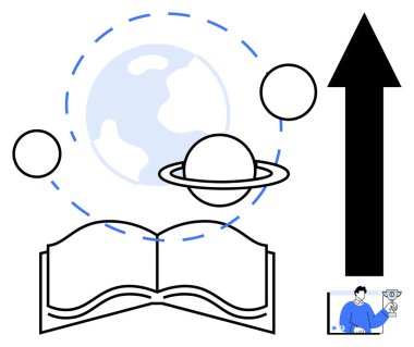 Yüzen gezegenlerin, Dünya 'nın ve yukarı doğru yükselen okun, bilgiyi, eğitimi, uzay keşiflerini, küresel öğrenimi, başarıyı, başarıyı ve kişisel gelişimi simgelediği açık bir kitap. Eğitici için ideal