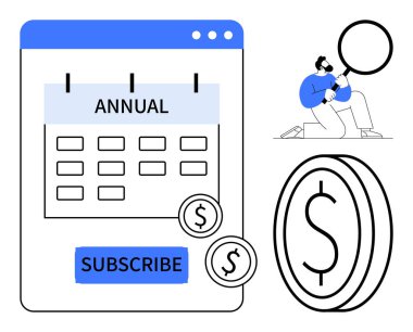 Yıllık etiketli takvim, abonelik düğmesi, dolar paraları, büyüteçle analiz eden kişi. Finans, bütçe, abonelik, maliyet analizi, tasarruf hizmeti fiyatlandırması için ideal. Basit.