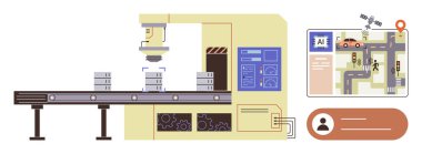 Robot montaj hattı, yapay zeka arayüzü ekranı, ulaşım ağı haritası ve kullanıcı profili olan fabrika taşıyıcısı. Endüstri, robot bilimi, yapay zeka, veri otomasyonu lojistiği için ideal. Basit düz