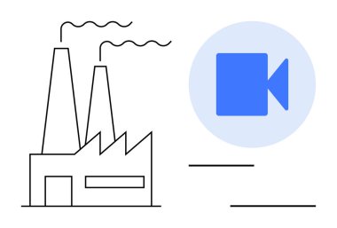 Mavi bir kamera ikonunun yanında duman yığınları ve geometrik şekilleri olan bir fabrika. İletişim, endüstri, teknoloji, üretim, medya, çevre, yenilik temaları için idealdir. Temiz ve basit bir daire