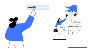 Kaydırıcıyı ilerlemeye ayarlayan kişi, takım bulmacayı tırmanırken bayrak tutmayı başaran kişi. Takım çalışması, liderlik, işbirliği, motivasyon, ilerleme, strateji, basit düz metafor