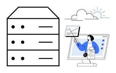 Veri depolama kavramı. Sunucu, bulut hesaplama ve teknolojiyle online eğitim. Veri depolama çözümleri, dijital öğrenme ve bulut entegrasyonu. Teknoloji ve eğitim sektörü analizleri için ideal