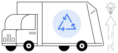 Üçgen ok ikonlu geri dönüşüm kamyonu, yeniliği sembolize eden ampul, ilerlemeyi gösteren ok. Sürdürülebilirlik, eko-ulaşım, çevre, atık yönetimi, temiz