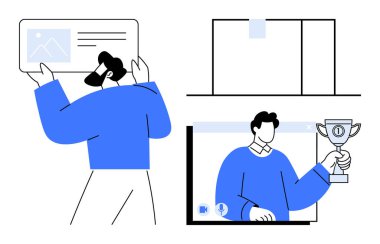 Görsel içeriği olan bir kişi ile çevrimiçi işbirliği ve bir diğeri de elinde kupa olan bir video görüşmesinde gösteriliyor. Takım iletişimi için ideal, sanal toplantılar, uzaktan çalışma, çevrimiçi öğrenme