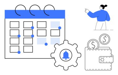İşaretli takvim, zilli dişli simge, bozuk paralı cüzdan ve işaret eden kişi. Program, bütçe, görev planlaması, anımsatıcılar, ödeme takibi UI tasarımı için ideal basit düz metafor