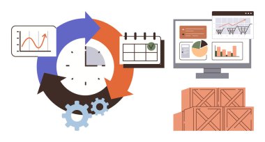 Dairesel okları, dişlileri, takvimi, çizelgeleri, bilgisayarı ve lojistiği, verimliliği, envanteri ve ekommeransı temsil eden kutuları içeren saatler. İş akışı veri verimliliği arzı için ideal