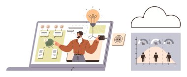 Laptop hoparlörleri, grafikleri, konuşma baloncuklarını ve ampulleri, bulut simgesi ve insan veri grafiği ile yakınlarda gösterir. Eğitim, yenilik, eğitim, iletişim takımı iş akışı için ideal