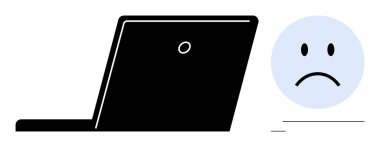 Çevrimiçi iletişim kavramı. Bir dizüstü bilgisayar ve üzgün yüz ikonu tarafından çevrimiçi yayınlandı. Dijital hüsran ve kullanıcı memnuniyetsizliğini vurgulayan çevrimiçi etkileşimler. Teknoloji, iletişim ve dijital için ideal