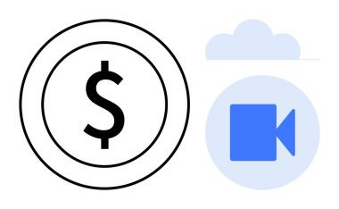 Siyah dolar çemberi, mavi kamera ışık bulutu içinde. Para, video akışı, bulut depolama, dijital iş, çevrimiçi ekonomi, teknoloji sanal hizmetleri için idealdir. Basit düz metafor