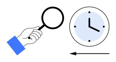 Zaman yönetimi konsepti. Zaman analizinin, verimliliğin ve verimliliğin önemini vurgulayan saat ve büyüteç. Zaman yönetimi programları takip etmeye ve performansı artırmaya yardımcı olur. İş için.