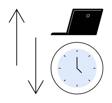 Vurgulanmış zamanı olan saat, işi temsil eden dizüstü bilgisayar ve görev önceliklerini sembolize eden yukarı ve aşağı oklar. Üretkenlik, organizasyon, verimlilik, zaman yönetimi için ideal
