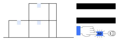 Yapılandırılmış verileri simgeleyen kutular dijital bir reklam tuşuna basan bir elin yanında. Pazarlama, e-ticaret, analitik, tıklama başına ödeme, para kazanma, dijital strateji, basit düz konum