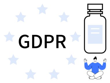 Yıldızlarla, ilaç şişeleriyle ve meditasyon figürleriyle çevrili bir GDPR mesajı. Mahremiyet, sakinlik, farkındalık, veri güvenliği, sağlık düzenlemesi ve denge için idealdir. Basit bir düz metafor.