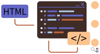 HTML etiketli ve kodlama etiketli kodlama sözdizimini gösteren kod düzenleyici paneli. Web geliştirme, programlama, kodlama eğitimi, yazılım tasarımı, bilişim eğitimi, veri işleme için ideal