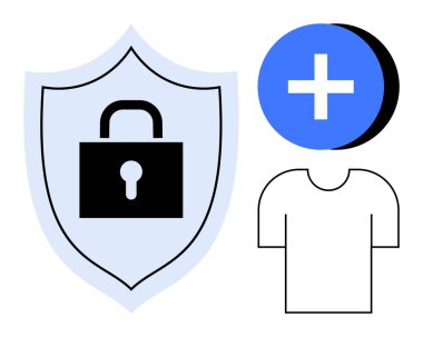 Güvenlik kavramı. Güvenlik kilidi olan bir kalkan. Artı simge ve tişört anahatları içeriği arttırır. Güvenlik, veri koruması, markalaşma, uygulamalar, e-ticaret, kimlik