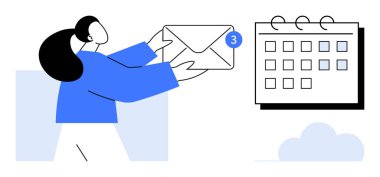Bir takvim yakınında e-posta tutan kadın, verimliliği ve zaman yönetimini vurguluyor. İletişim, programlama, organizasyon, çoklu görev, hatırlatıcılar ve planlama için ideal