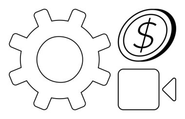 Vites, dolar sikke ve video oynatıcı simgeleri yeniliği, gelir üretimini ve dijital içeriği sembolize eder. Teknoloji, iş, finans, medya verimlilik işlemleri için ideal yaratıcılık basit