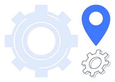 Büyük teçhizat, küçük teçhizat, mavi konum rozeti süreç verimliliğini, yönü, optimizasyonu, konumlandırmayı, sistemleri, takım çalışmasını ve bağlantıyı simgeliyor. Ticari strateji navigasyonu için ideal