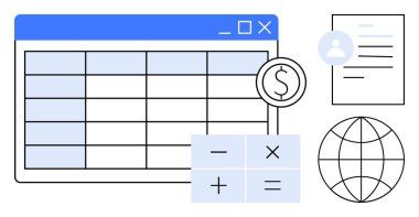 Hesap tablosu arayüzü, aritmetik işaretli hesap makinesi, para birimi simgesi, kullanıcı profili, belge ve dünya. Finans, bütçe ve muhasebe veri analizi için idealdir. Küresel iş eğitimi basit