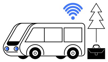 Kablosuz sinyalli otobüs, çam ağacı ve sürdürülebilir seyahat, internet ve iş-yaşam dengesini temsil eden evrak çantası. Teknoloji için ideal, eko-dostluk, hareketlilik, ticari akıllı çözümler
