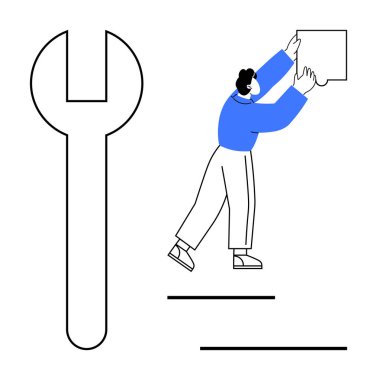 Sorun çözme. İngiliz anahtarı sembollü bir görüntü ve elinde dikdörtgen bir işaret tutan bir kişi. Problem çözme çözümleri, takım çalışması, araçlar ve yenilikler taşır. İş için ideal, takım çalışması görseller