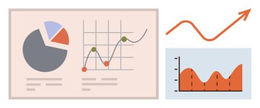 Veri eğilimlerini ve analizlerini gösteren pasta grafiği, çizgi grafiği ve bar grafiği. Analiz, büyüme stratejileri, iş anlayışları, tahminler, sunumlar, eğitim için ideal düz metafor