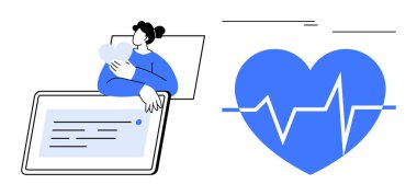 Kalp ikonunun yanında kalp atışı çizgisi gösteren bir cihazla karşılaşan kişi. Sağlık, teletıp, dijital aletler, hasta bakımı, duygusal destek, teknoloji ve yenilik için ideal. Basit düz