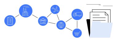 Fabrika ağı, depo, kamyon, uçak, alışveriş arabası, dünya ve tedarik zincirini gösteren belgeler. Lojistik ve yönetim için ideal küresel ticaret e-ticaret veri organizasyonu endüstriyel