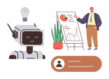 Resmi giyinmiş bir adam çizelgeleri açıklıyordu. Robotun yanında fikir ampulü ve profil çubuğu vardı. Yapay zeka, yenilik, iş, eğitim, planlama, takım çalışması, teknoloji temaları için ideal. Basit düz