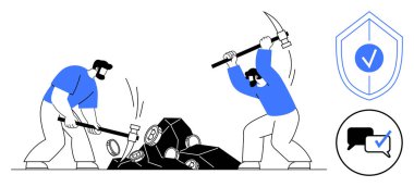 Kalkanla birlikte taşları kırmak için kazma kullanan iki işçi kontrol işareti ve mesaj doğrulama ikonu kullanıyor. Sabır, güvenlik, takım çalışması, dayanıklılık, adanmışlık, fiziksel çalışma için ideal.